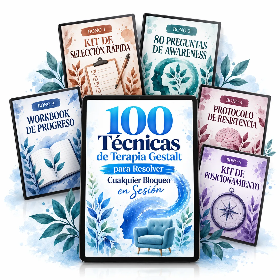 Paquete completo: guía 100 Técnicas de Terapia Gestalt en tablet con los 5 bonos alrededor