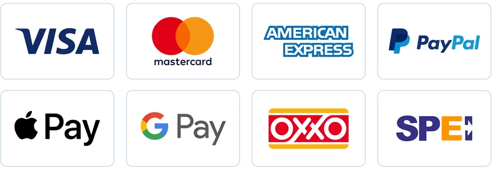 Métodos de pago aceptados: Visa, Mastercard, American Express, PayPal, Apple Pay, Google Pay, pago en efectivo en OXXO y transferencia SPEI