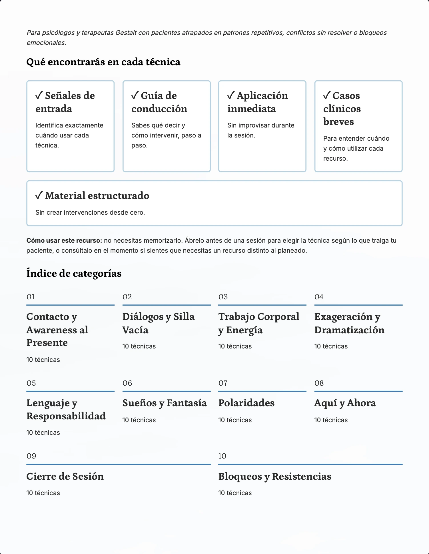 Índice de las 10 categorías de técnicas